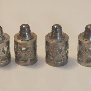 Vintage 1980s , 90s, Salt & Pepper Silver 925 Overlay on glas (4 pieces) 2" tall